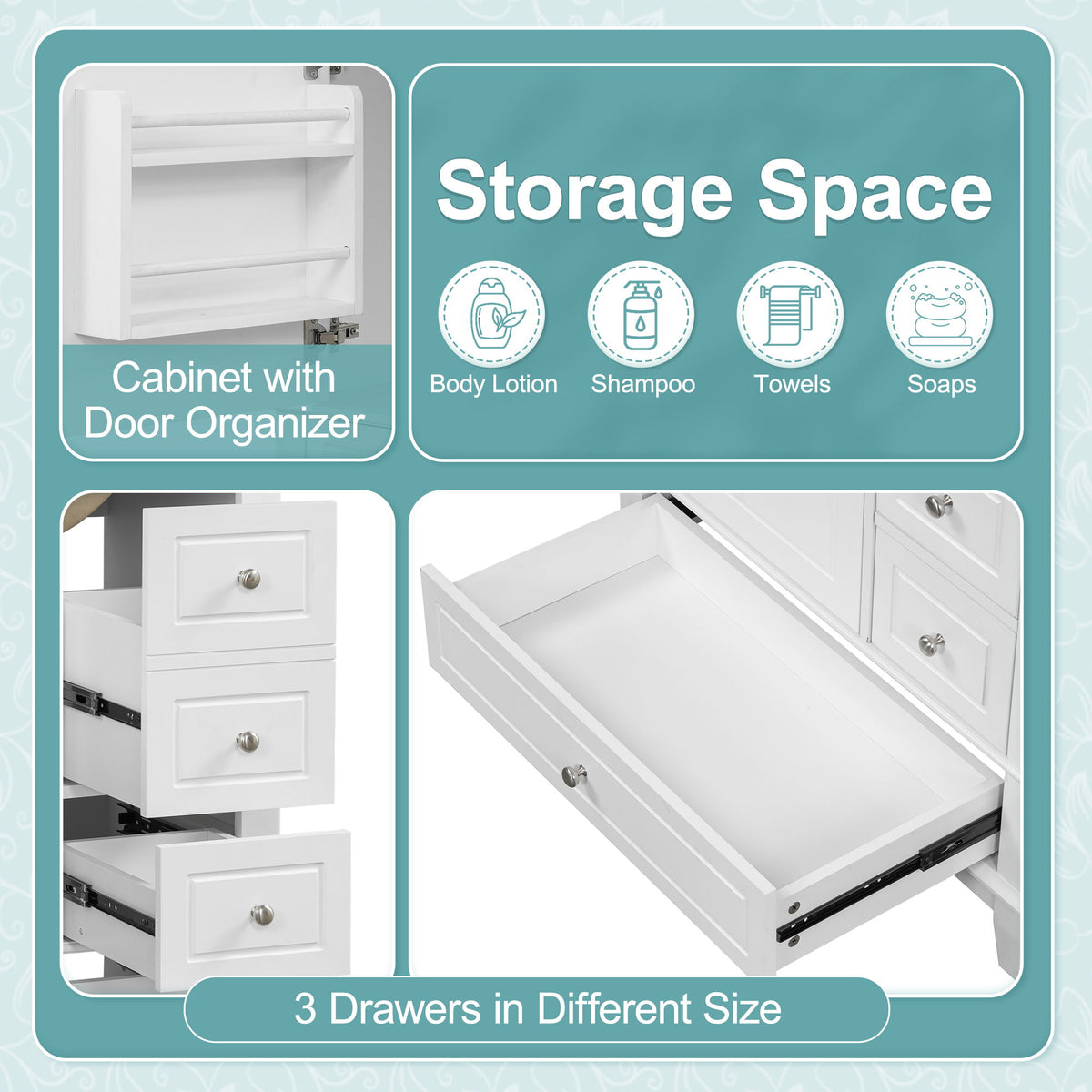 Freestanding Bathroom Vanity With Sink, Soft Close Door, 3 Drawers