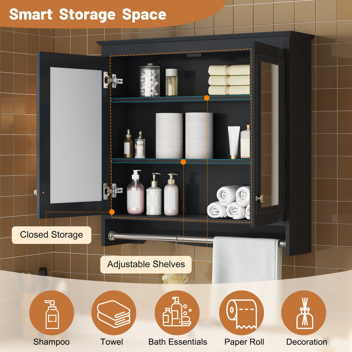 Wall Mounted Mirror Cabinet With Adjustable Shelves, Soft Close Doors, High Definition Mirror - Black