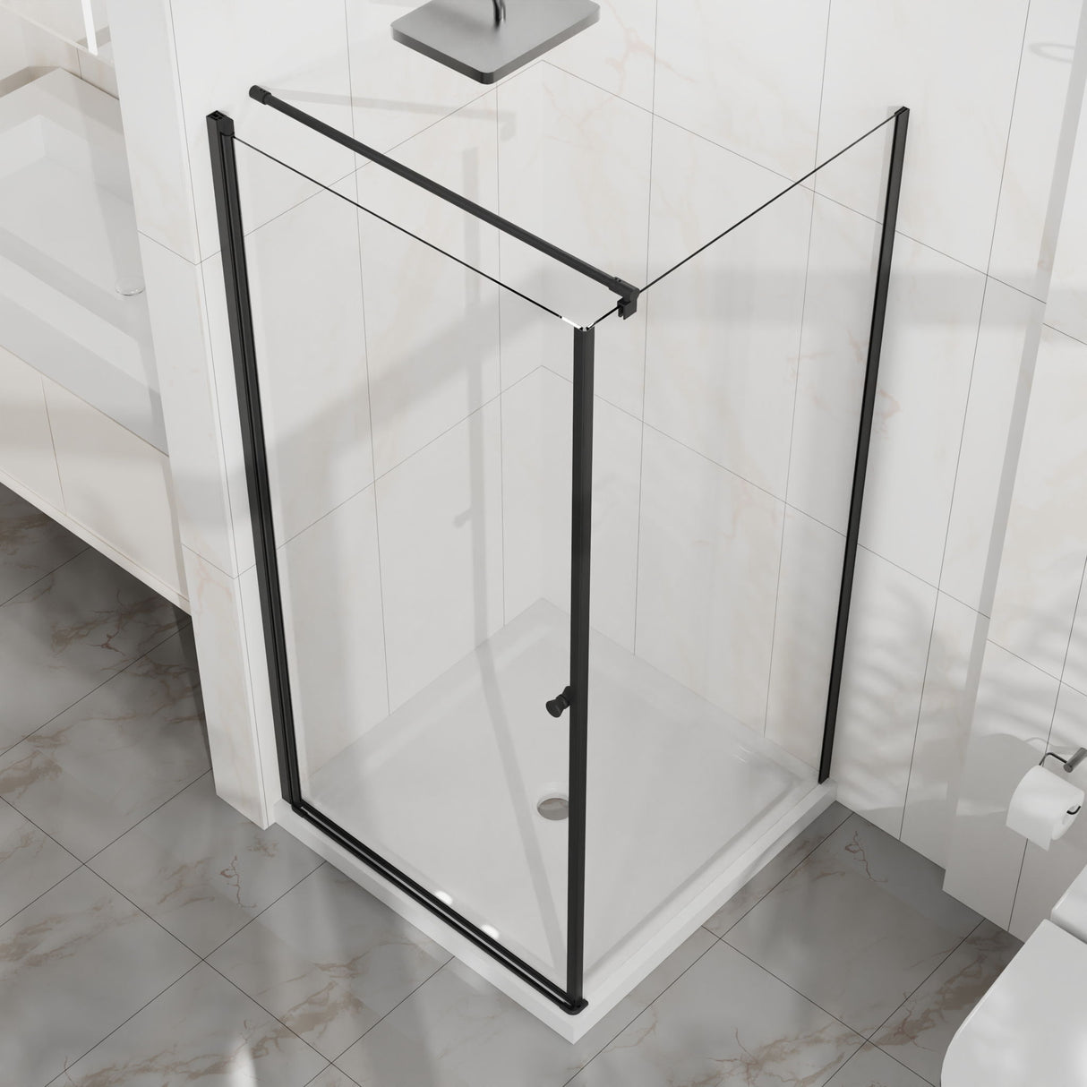 Corner Shower Enclosure, Frameless Pivot Door - Matte Black