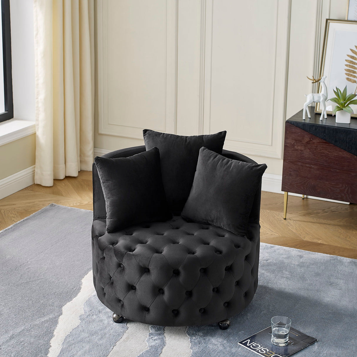 Modern Velvet Upholstered Swivel Chair With Button Tufted Design Movable Wheels 3 Pillows - Black