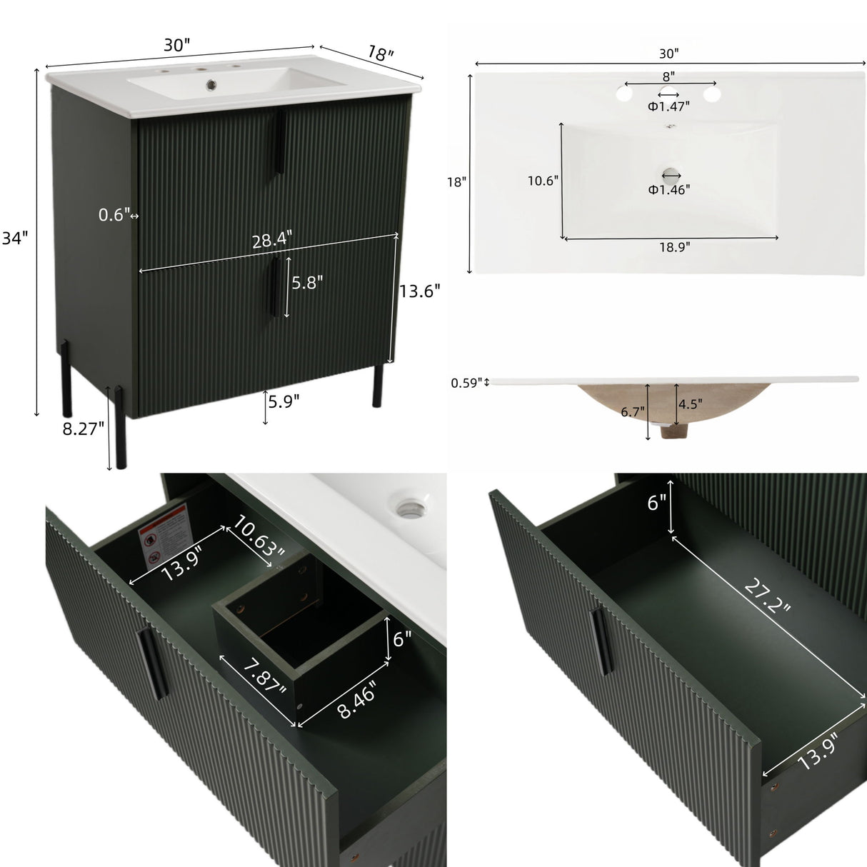 Bathroom Vanity With Ceramic Sink, Fluted Design