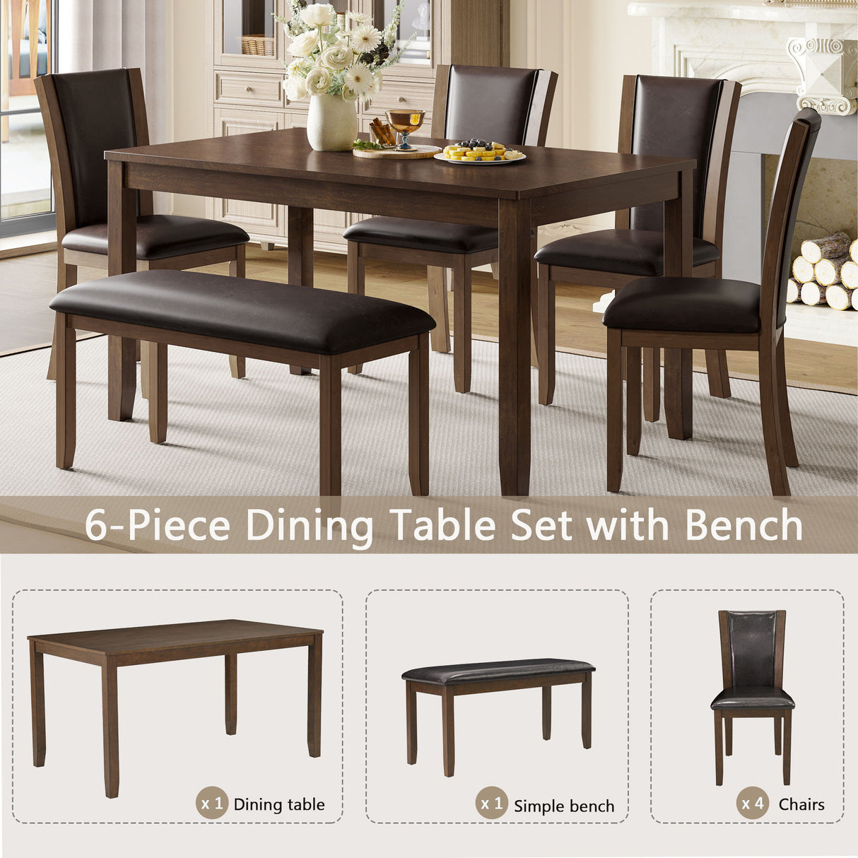6 Piece Dining Table Set & Bench And Chairs For Dining Room - Dark Walnut