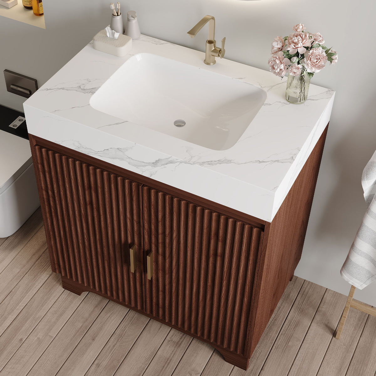Freestanding Bathroom Vanity With Sink - Walnut / White