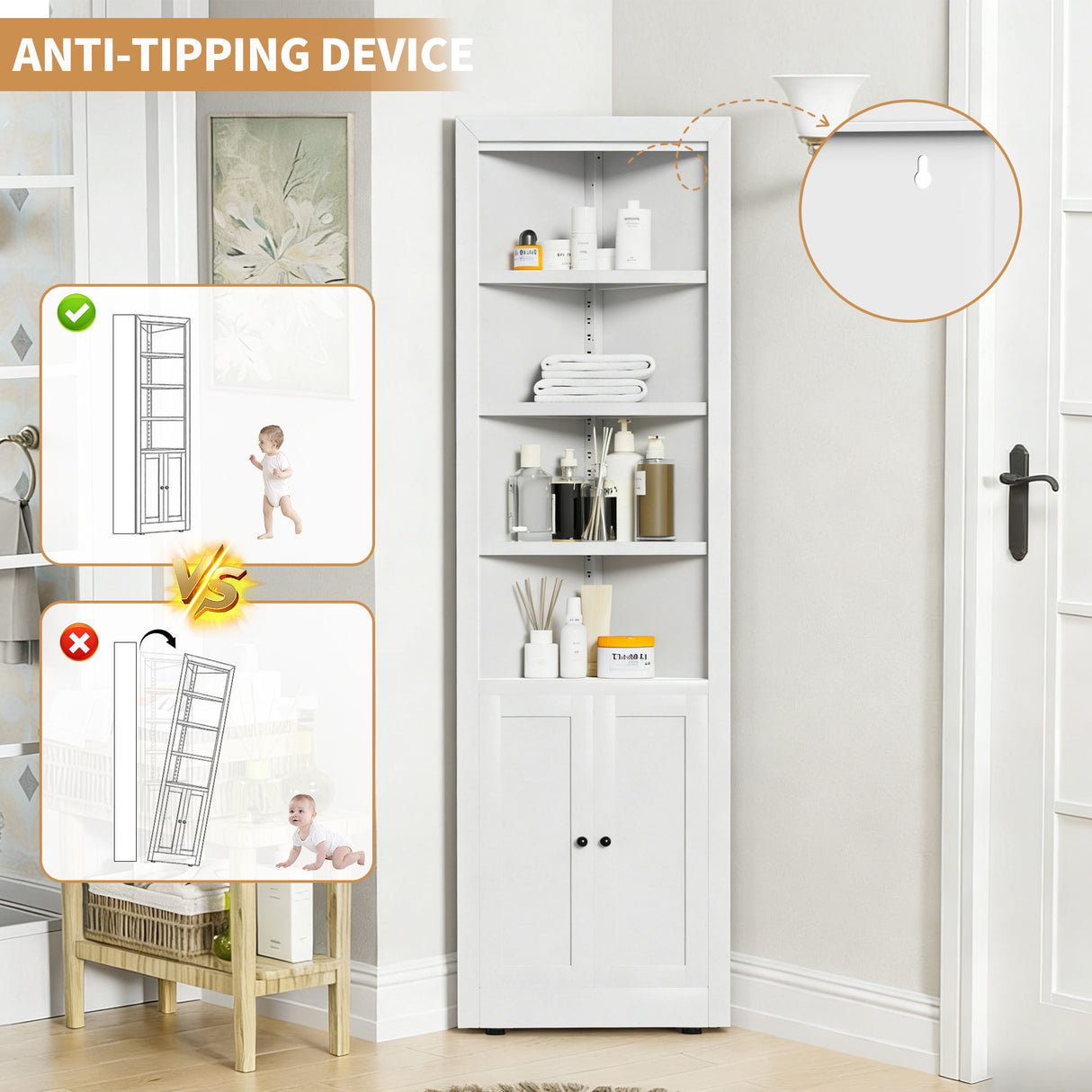 Tall Corner Storage Cabinet With 2 Doors, 5-Tier With Adjustable Shelves, Freestanding - White