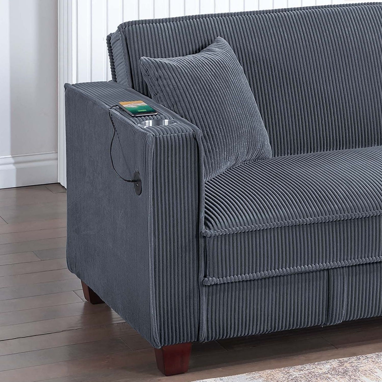 Modern Convertible Sofa With Hidden Storage USB Port, Cup Holder