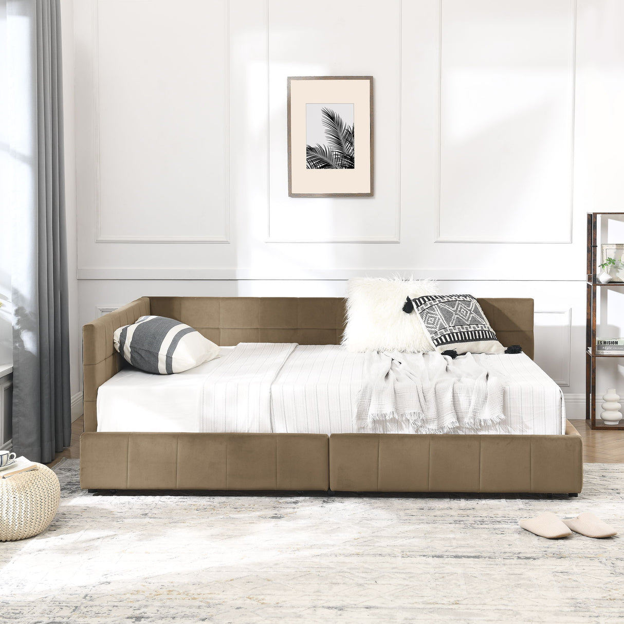 Mid-Century Storage Upholstered Tufted Bed Frame With Backrest And Armrests