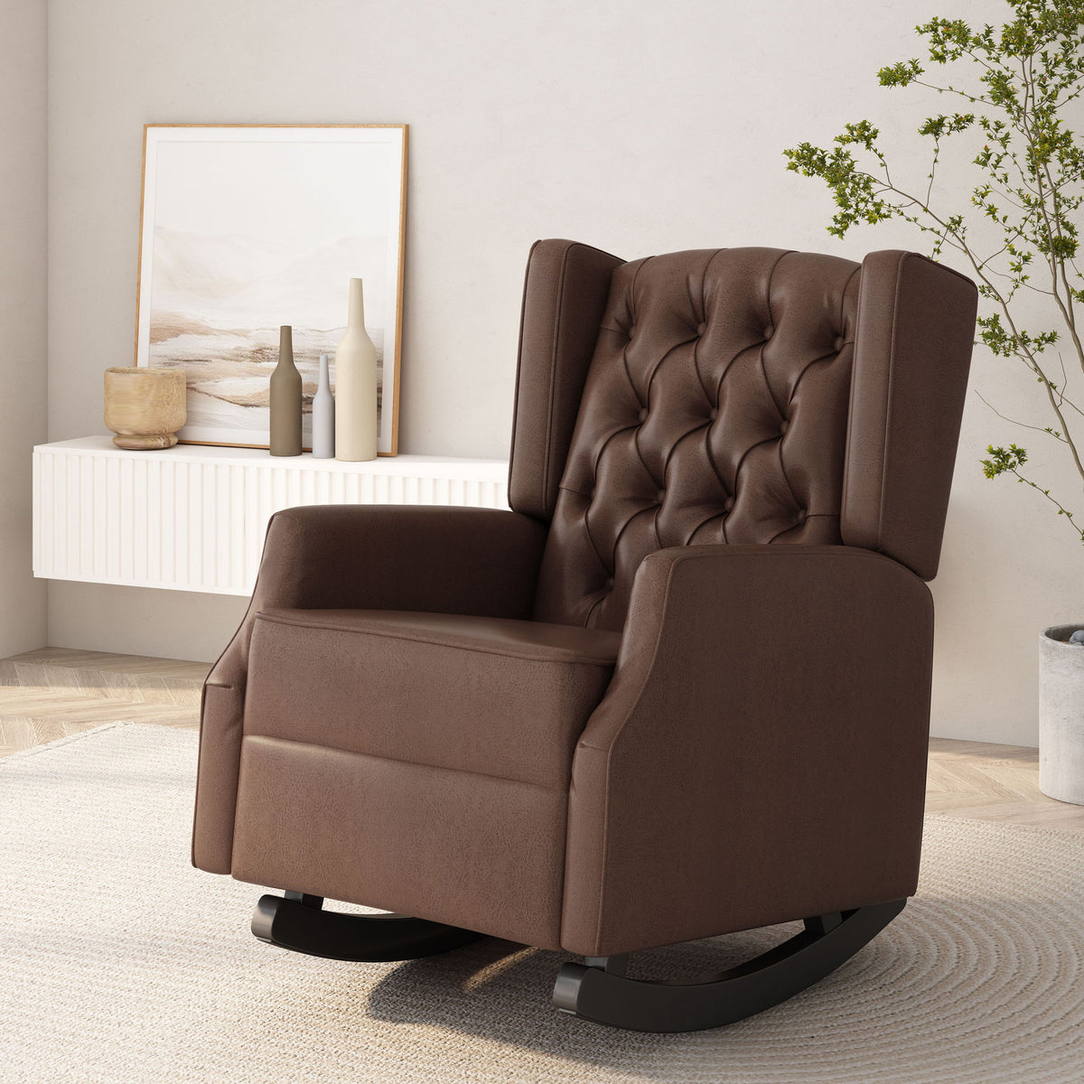 Amedou - Contemporary Tufted Wingback Rocking Chair - Dark Brown