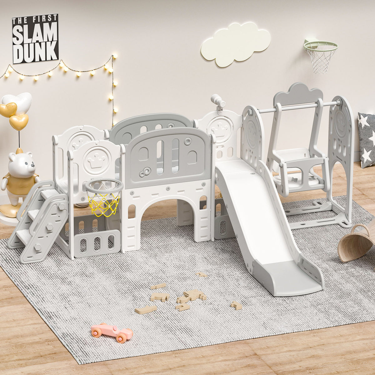 Toddler Slide, 11 In 1 Indoor Outdoor Playground With Basketball Hoop - Gray / Ivory