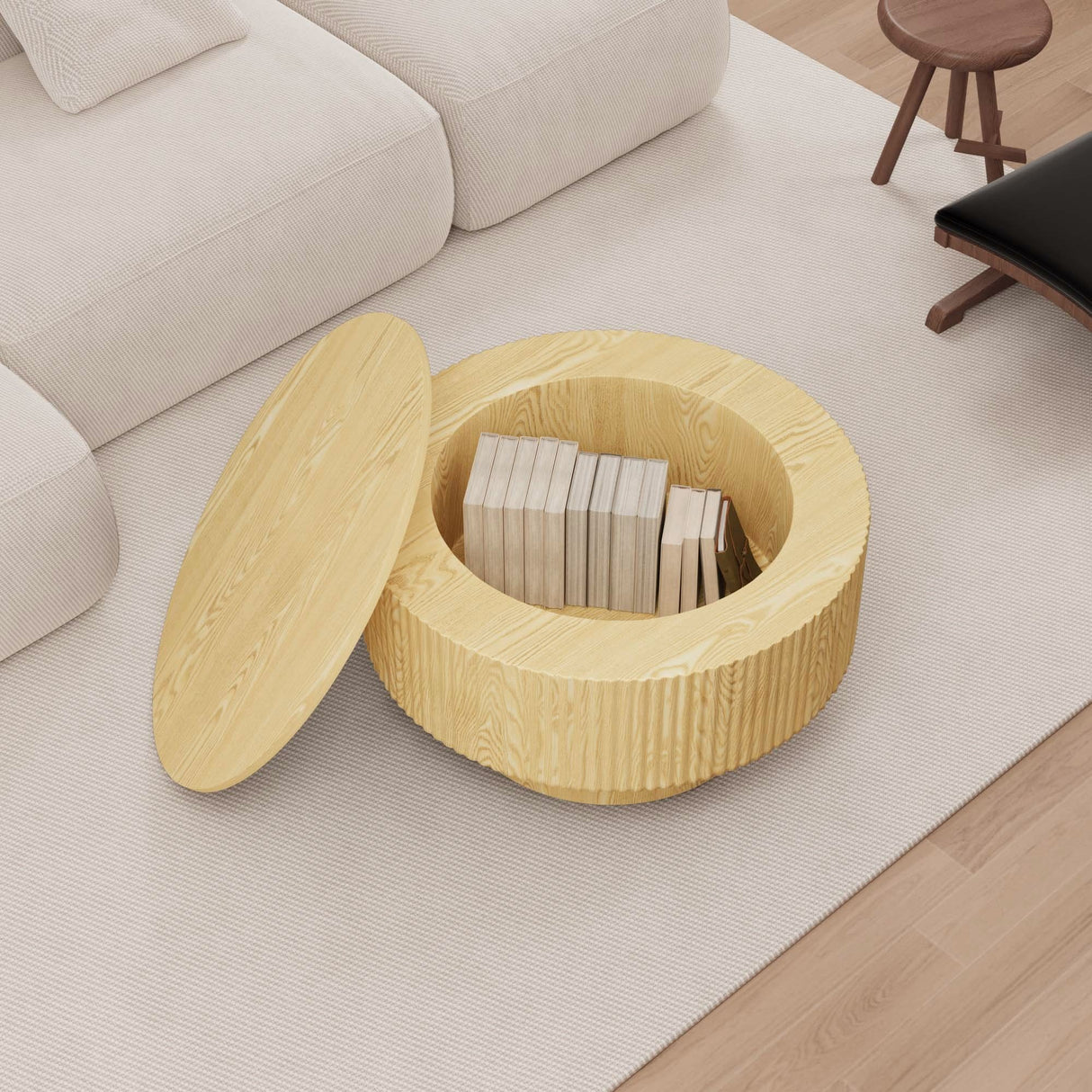 Round Coffee Table With 2 Dining Chairs Set, Ring Striped Design - Beige / Wood