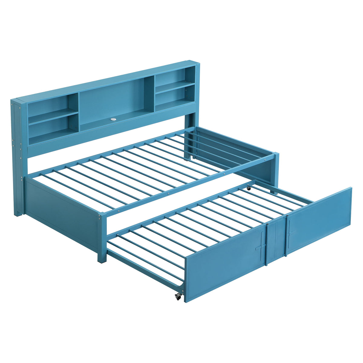 Twin Daybed With Trundle, Storage Shelves, USB Ports Frame - Blue