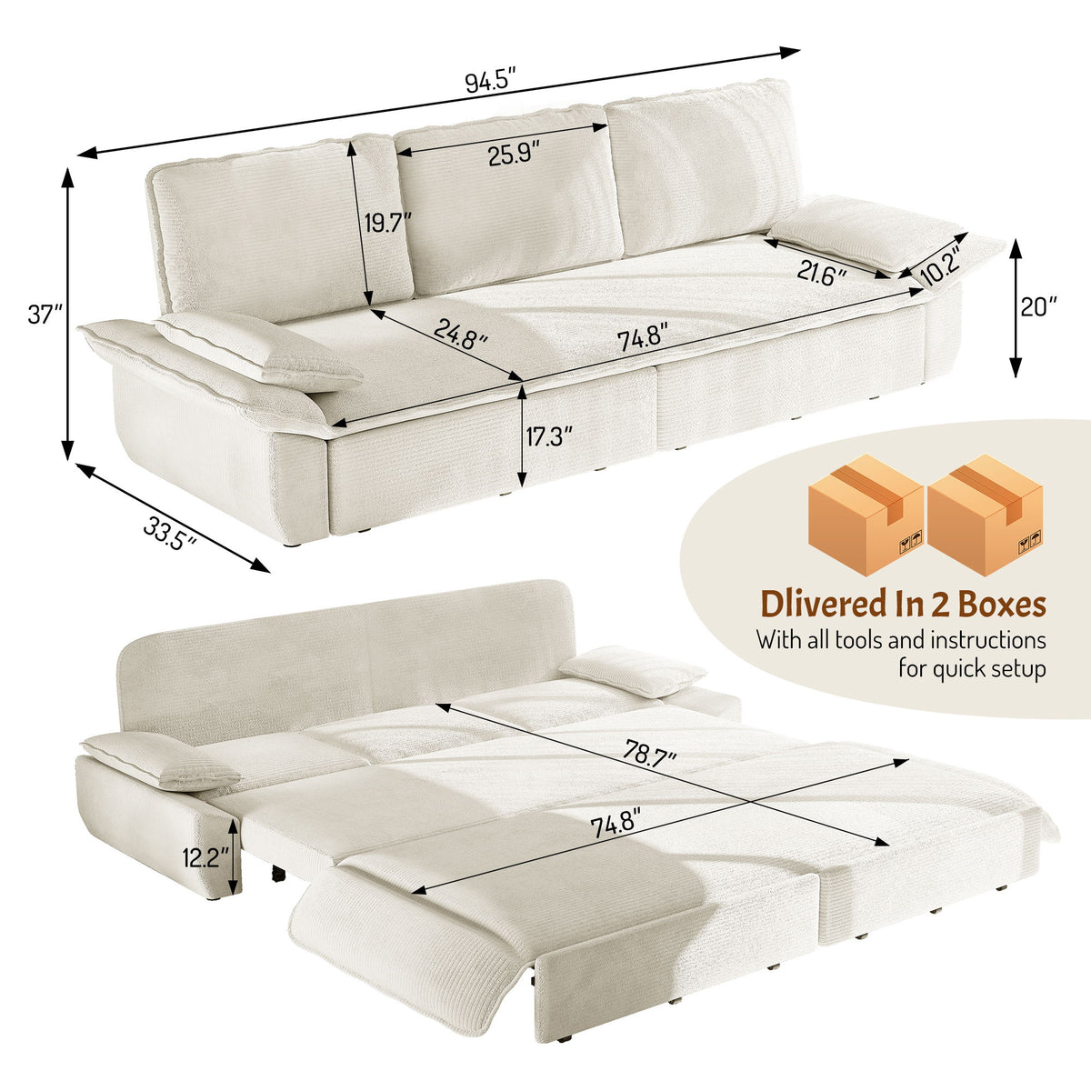 King Size Pull Out Sofa Bed, 3 In 1 Convertible Multifunctional
