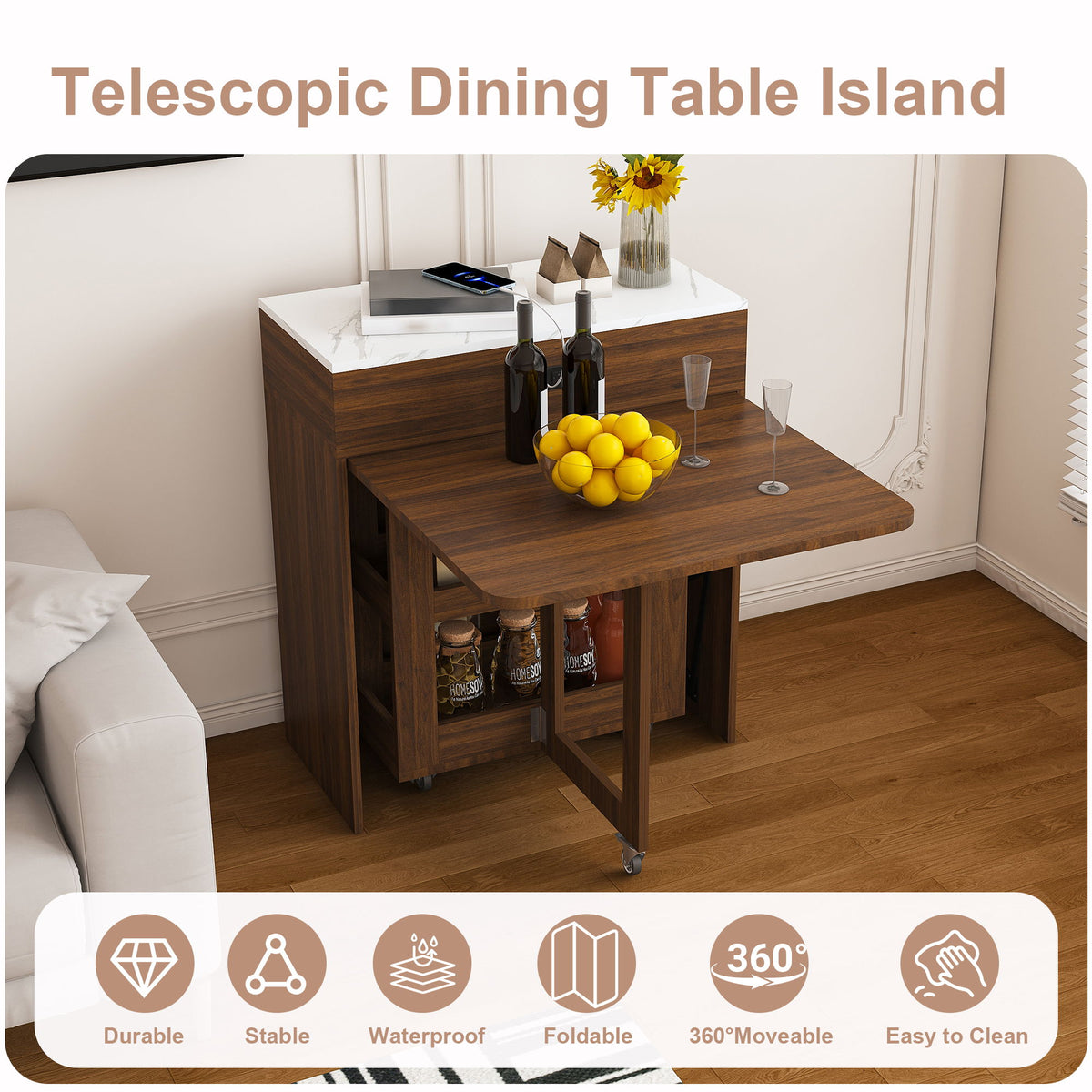 Extendable Dining Table With Power Socket, Lockable Casters, Storage Cabinet, Pull Out Kitchen Island - Natural Walnut