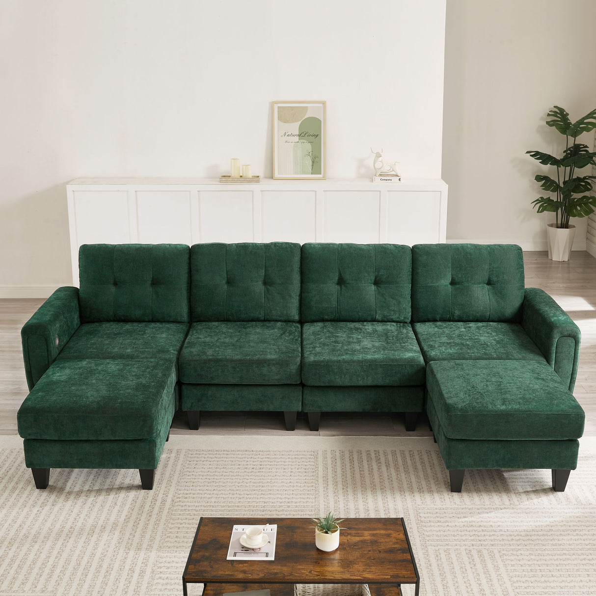 Modular Sectional Sofa With Movable Ottomans, USB Ports & Side Tables
