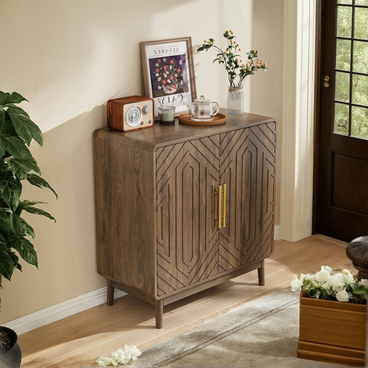Sideboard Buffet Cabinet With Carved 2 Doors And Adjustable Layer Board For Living Room And Kitchen - Walnut