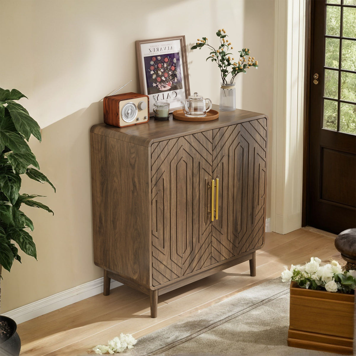 Sideboard Buffet Cabinet With Carved 2 Doors And Adjustable Layer Board For Living Room And Kitchen - Walnut