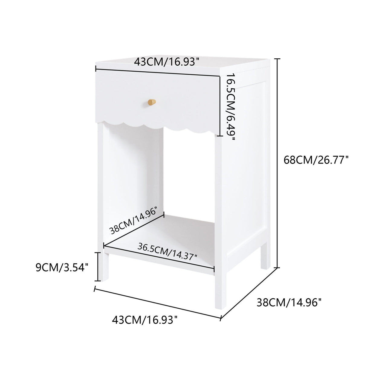 Nightstand With Drawer And Open Shelf, Scalloped Edge Bedside Table