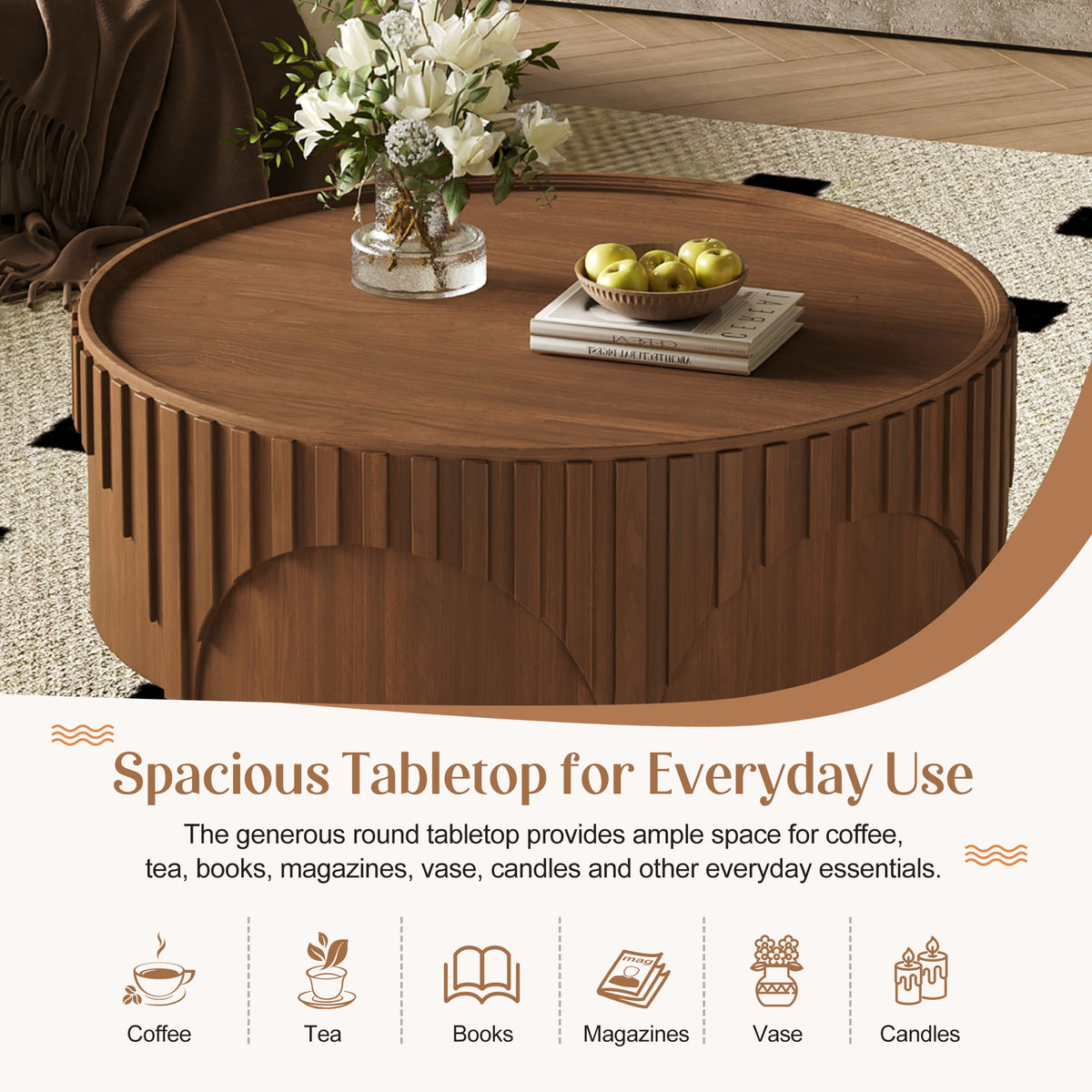 Round Fluted Drum Coffee Table With Sturdy Base For Living Room