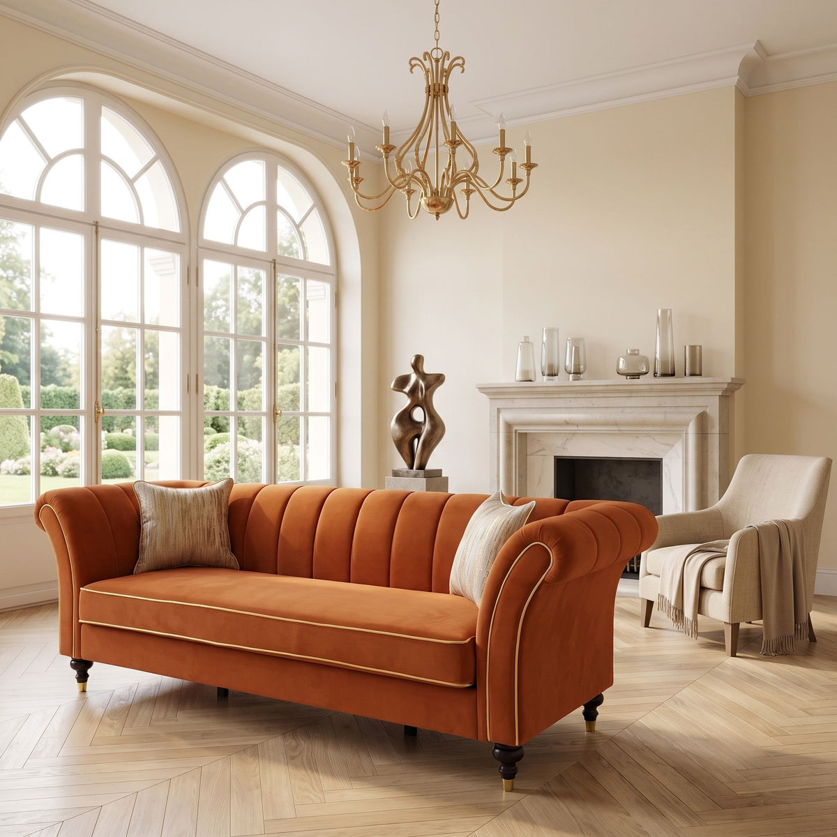 3 Seater Sofa With Rolled Arms, Vertical Channel Tufted Backrest