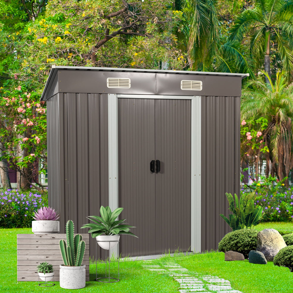Outdoor Metal Storage Shed Garden Building Weather Resistant Iron 6x5ft