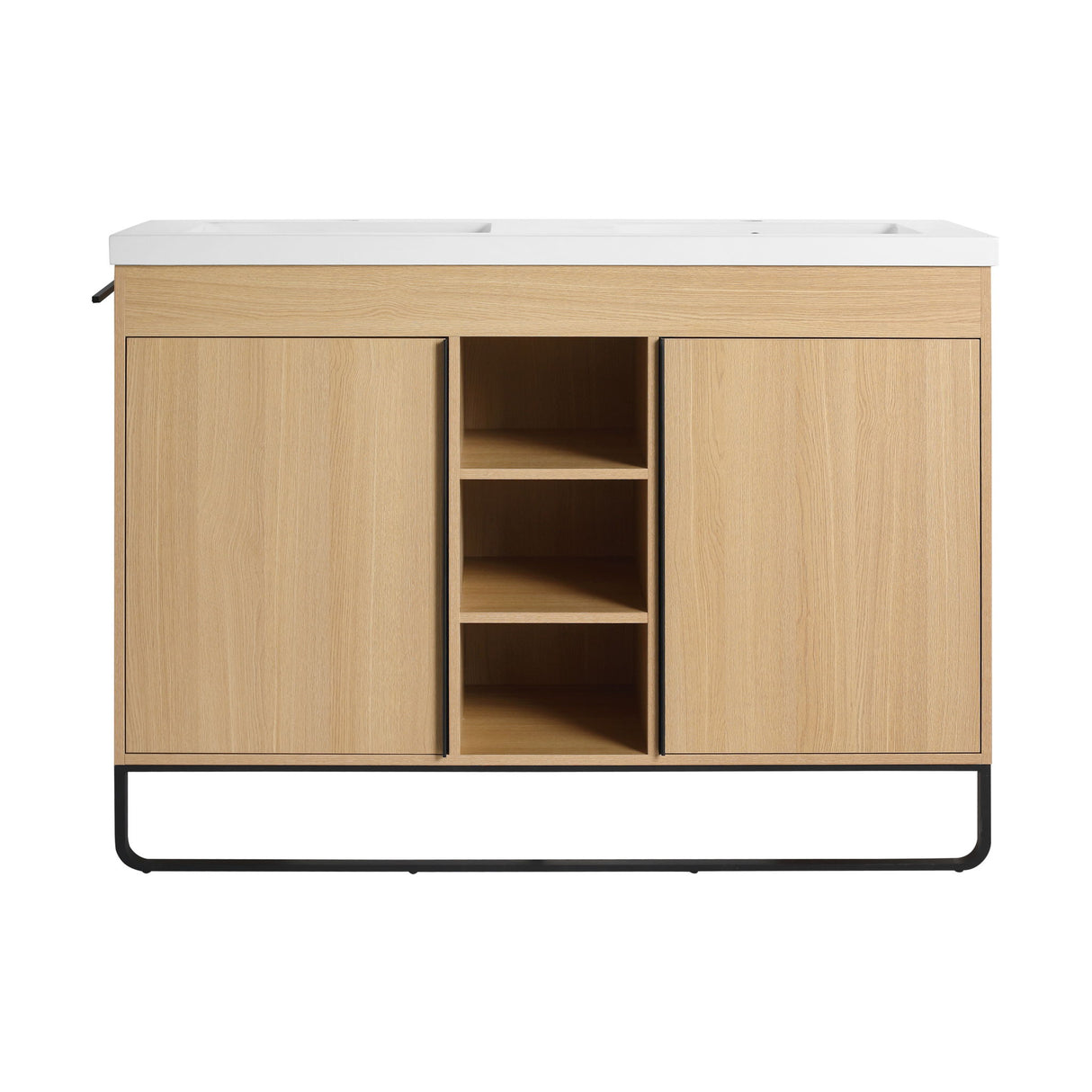 48" Freestanding Bathroom Vanity With Double Sink, 2 Soft Close Doors & 3 Open Shelves - Oak
