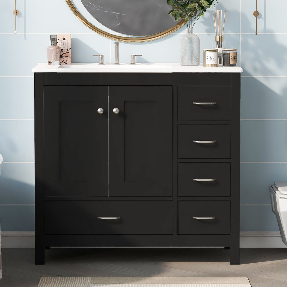 Bathroom Vanity With Ceramic Sink Combo, Abundant Storage Cabinet 2 Soft Close Doors And 5 Drawers