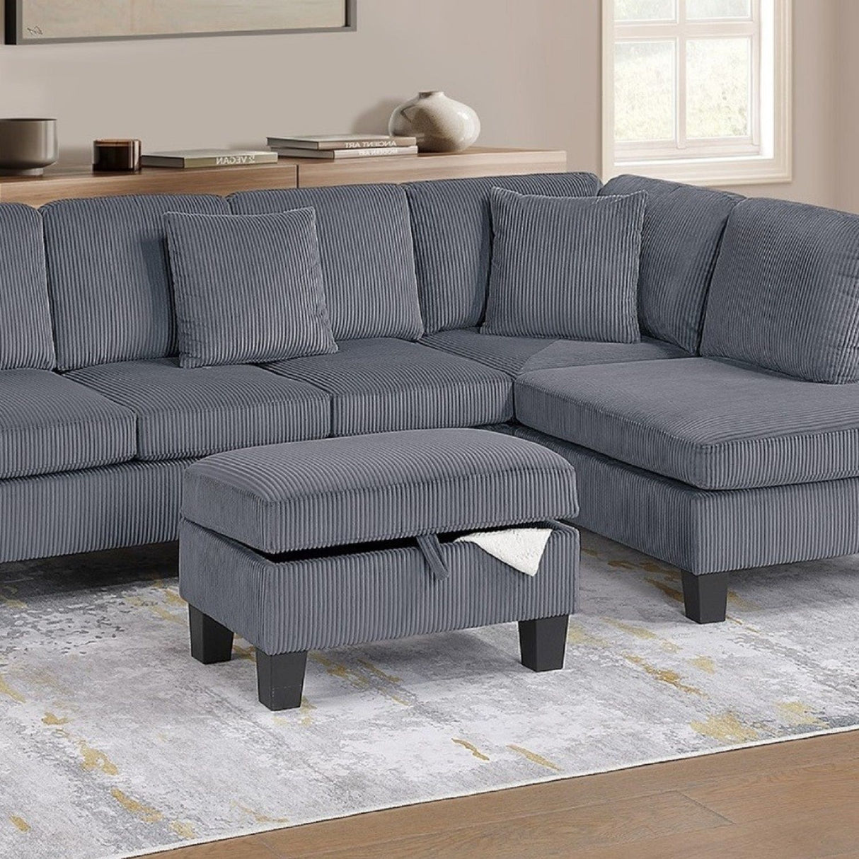 Sectional Sofa With Storage Ottoman And Pillows
