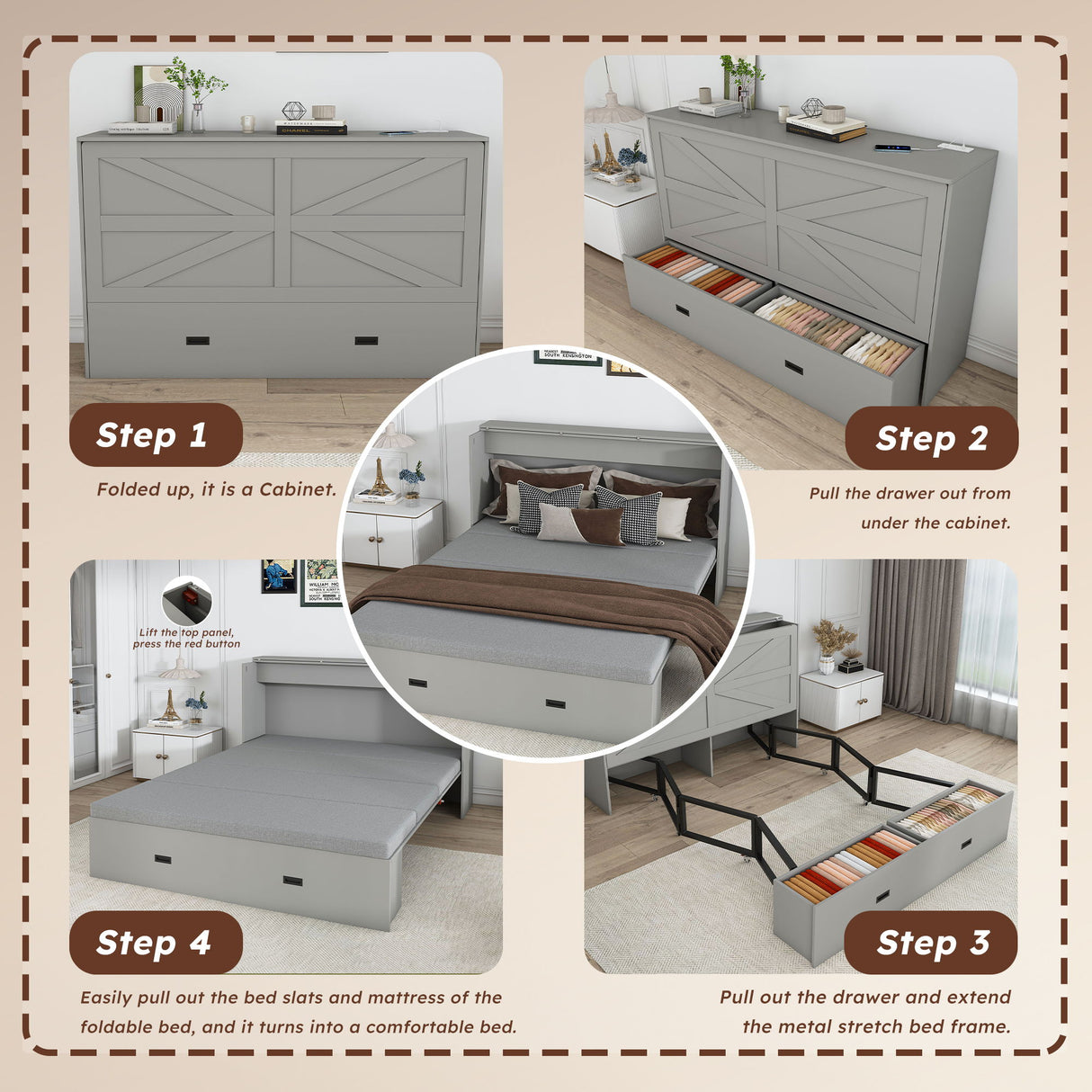 Full Murphy Bed With Storage Drawers, Charging Station, Foldable Panels, And Silent Swivel Wheels