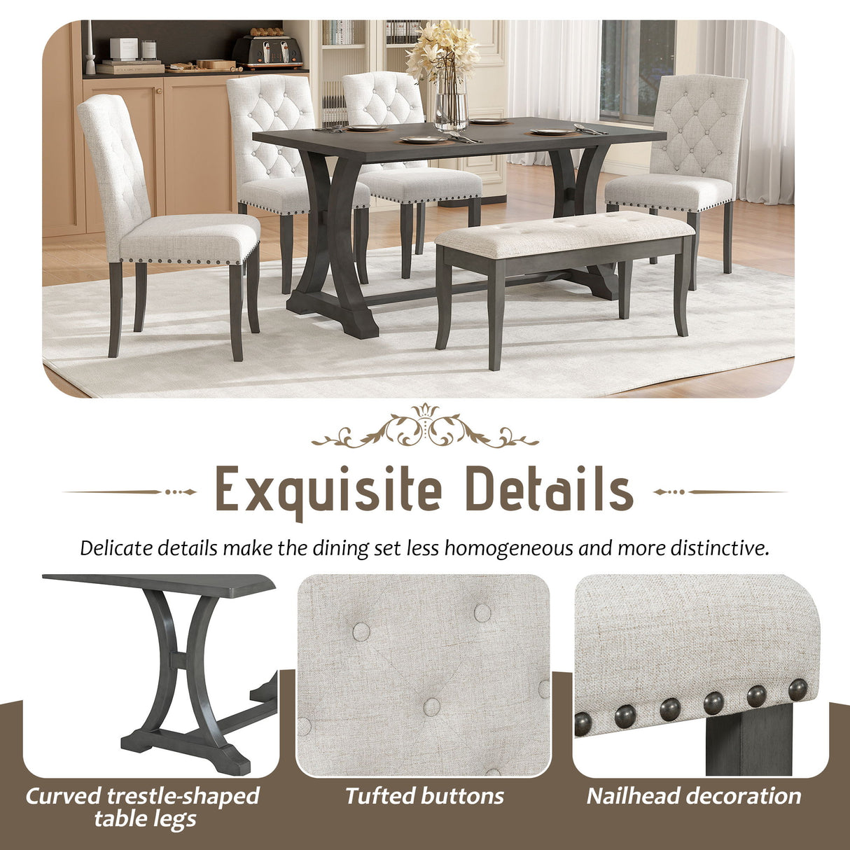 Dining Table Set With 4 Upholstered Chairs And Bench
