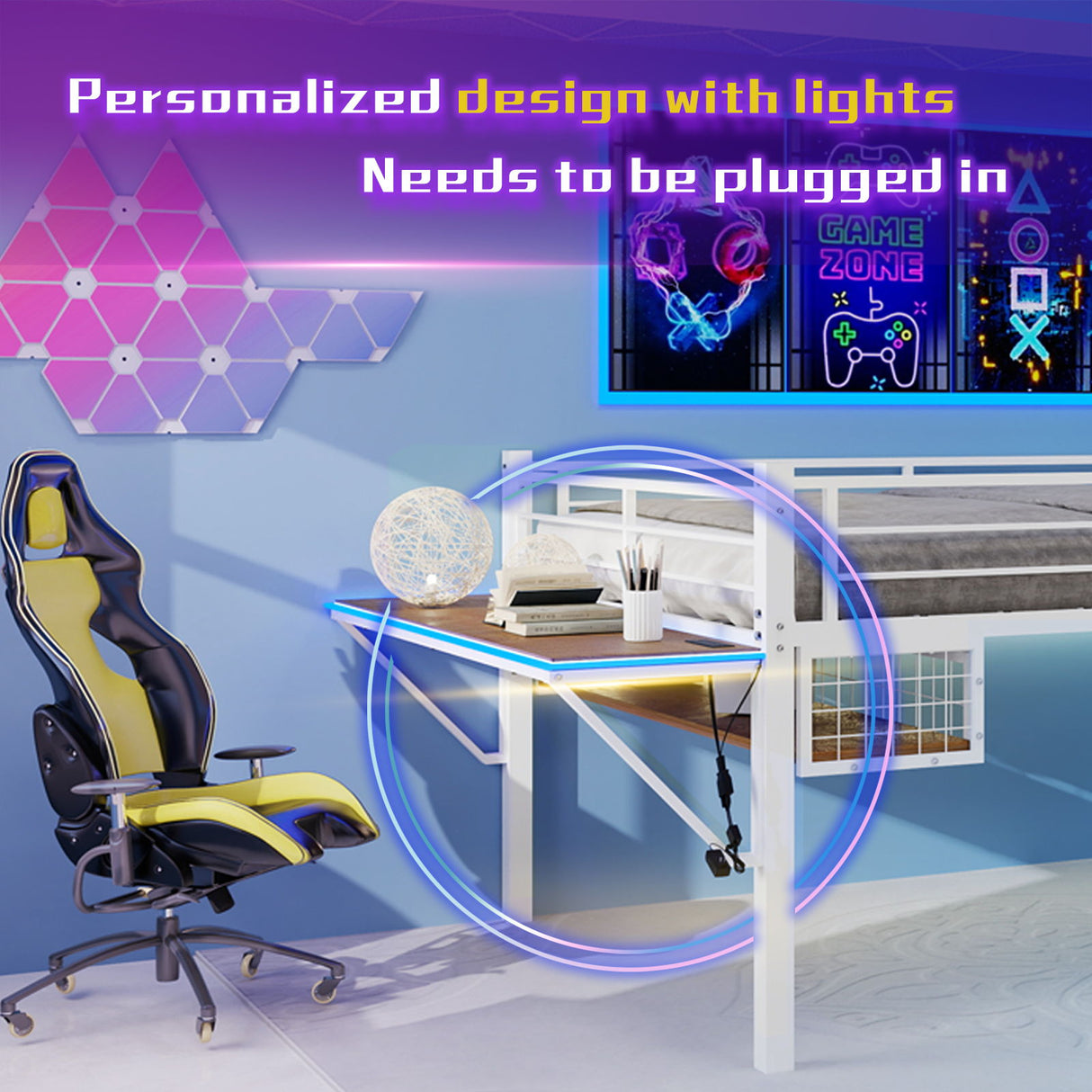 Loft Bed With Built In Desk, LED Light Strip