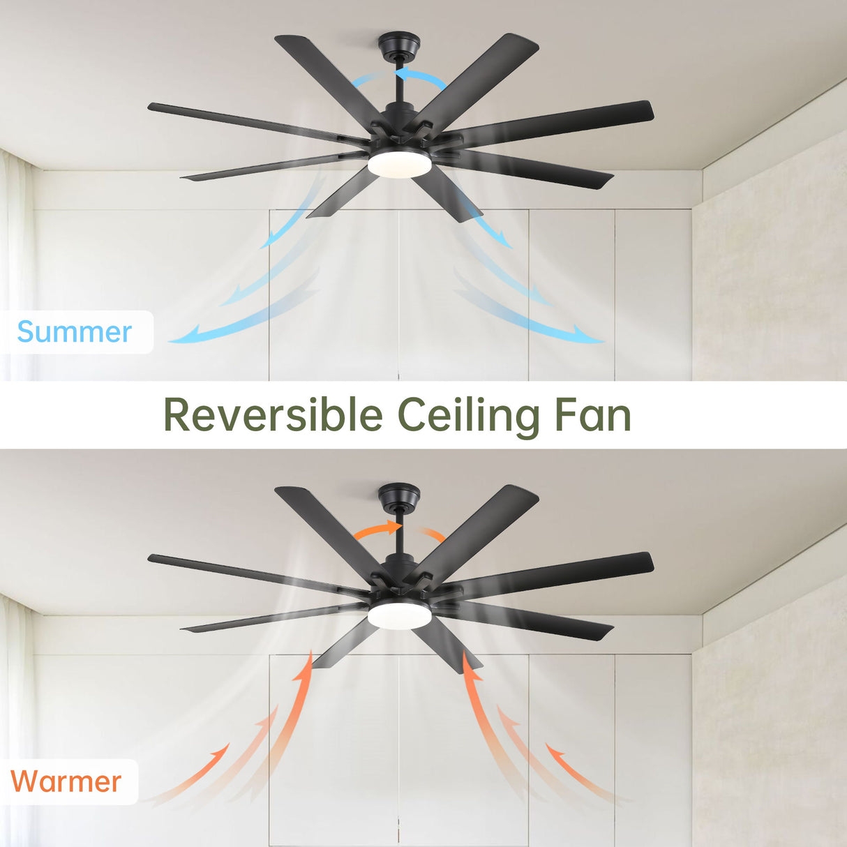 66" Ceiling Fan With Dimmable LED Light, 8 Blades, Smart Remote Control, Reversible DC Motor, For Home Office - Matte Black