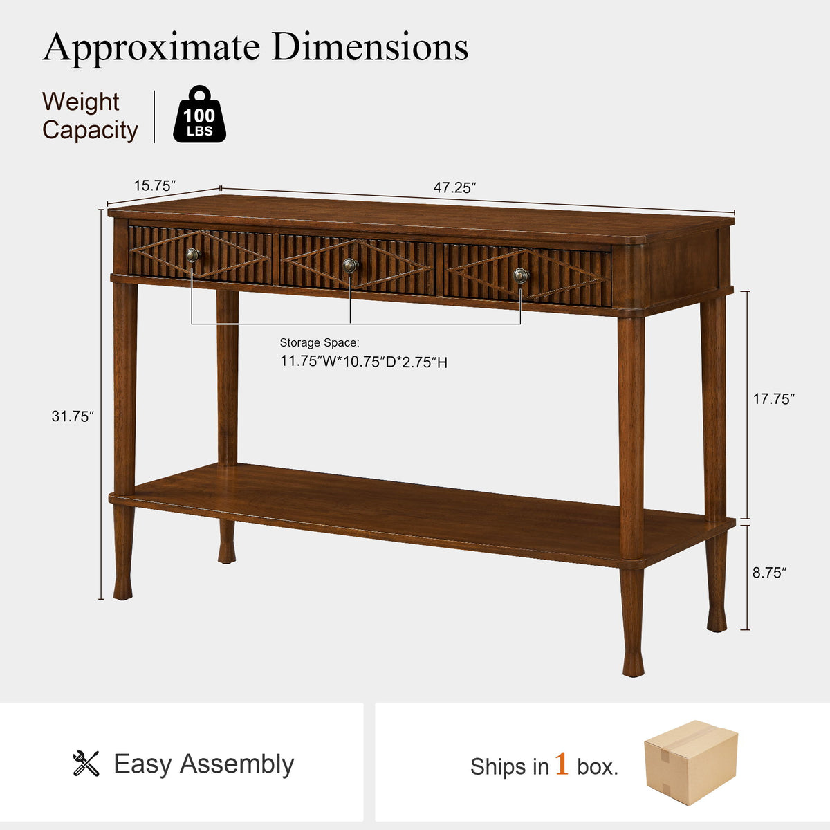 Console Table With Reeded Diamond Pattern Drawer Fronts, Open Storage Shelf For Living Room - Walnut
