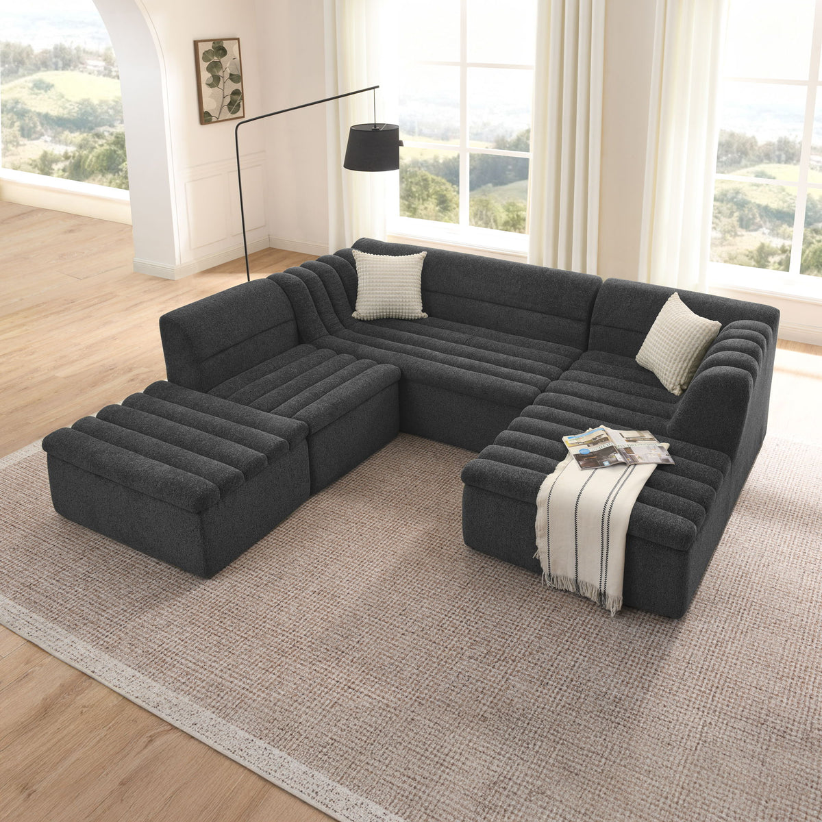 U-Shaped Modular Sectional Sofa With Chaise And Movable Ottoman, Wave-Shaped Armrest, No Pillows Included - Black