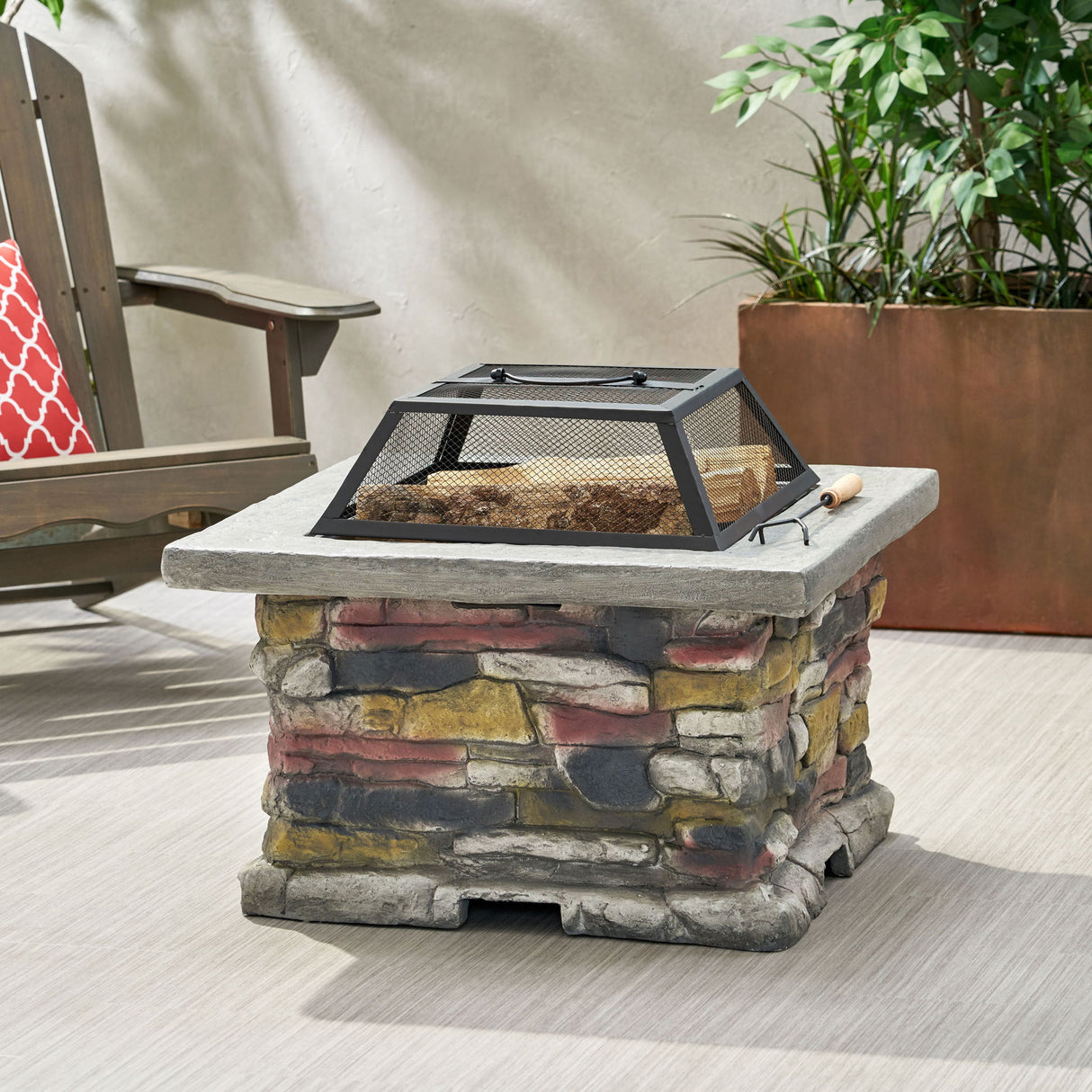 Outdoor Wood Burning Magnesium Oxide Fire Pit with Lid in Stone Gray