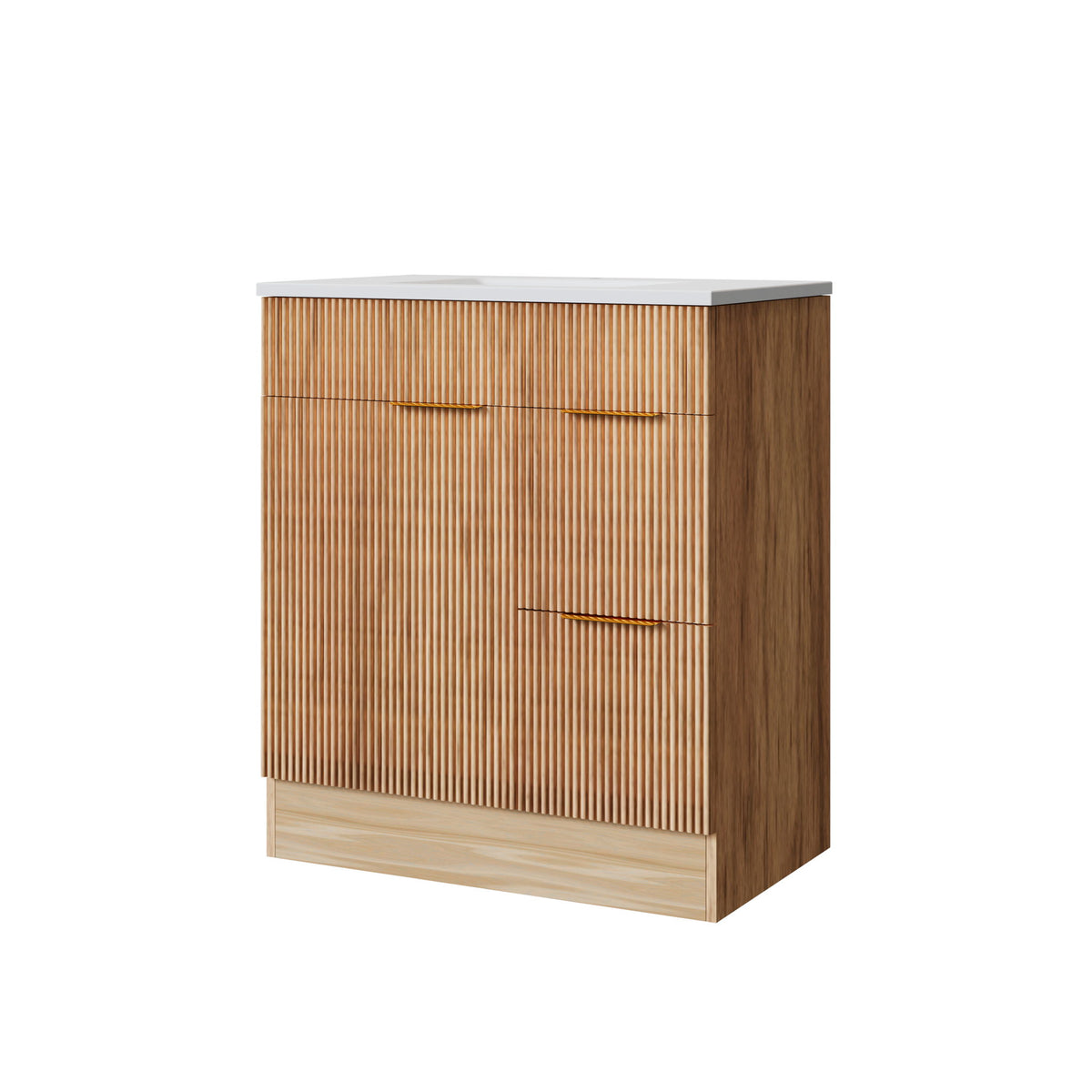 Bathroom Vanity With Sink, Freestanding Fluted Cabinet With 1 Door And 2 Drawers - Natural Walnut