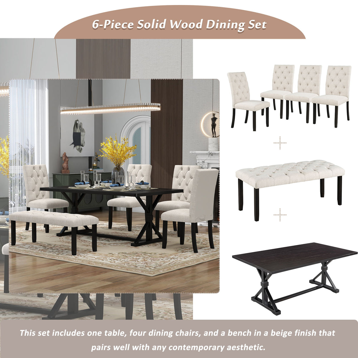 6 Piece Dining Table Set With Rectangular Wood Table, 4 Upholstered Chairs, Bench