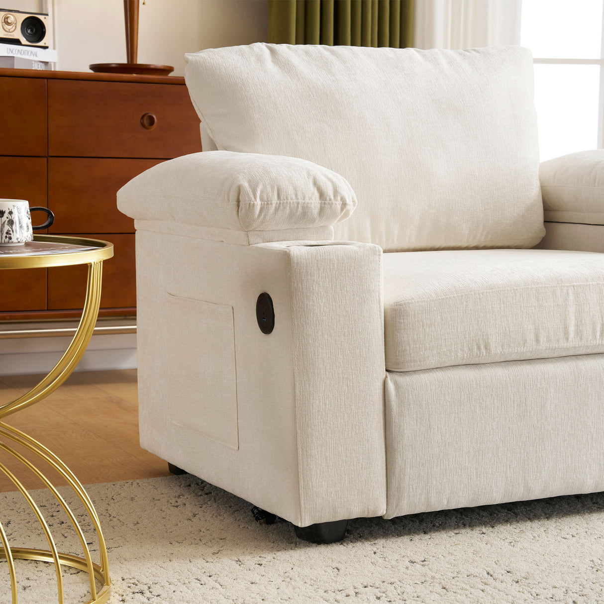 Fabric Sofa Bed With Cupholders And USB Charging Ports Chair For Living Room
