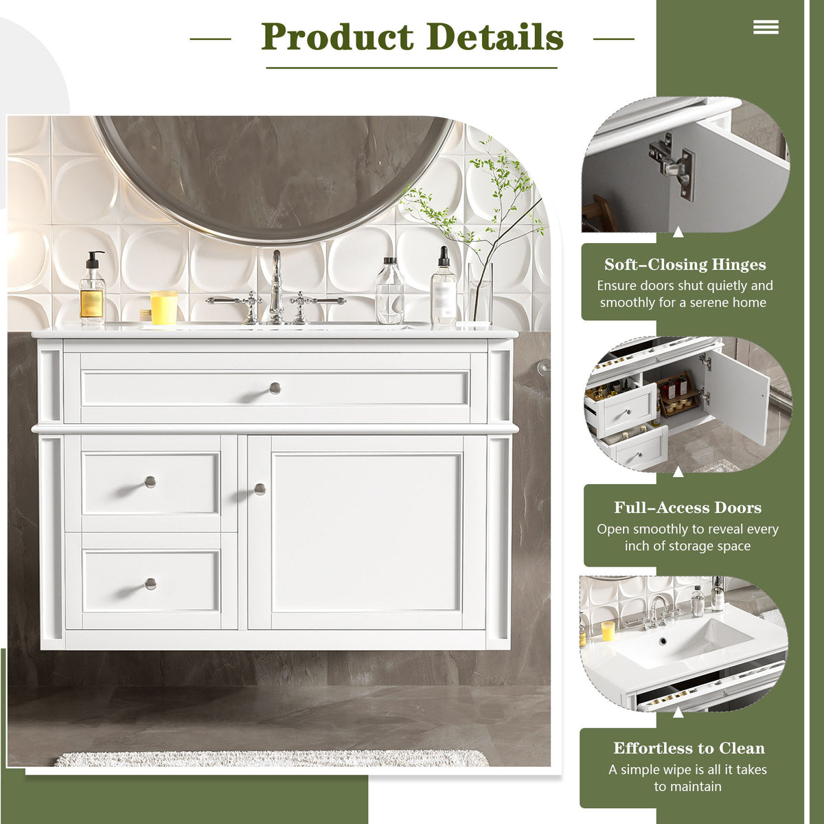 Wall Mounted Bathroom Vanity With 2 Drawers, 1 Tip Out Drawer, 3 Holes Sink