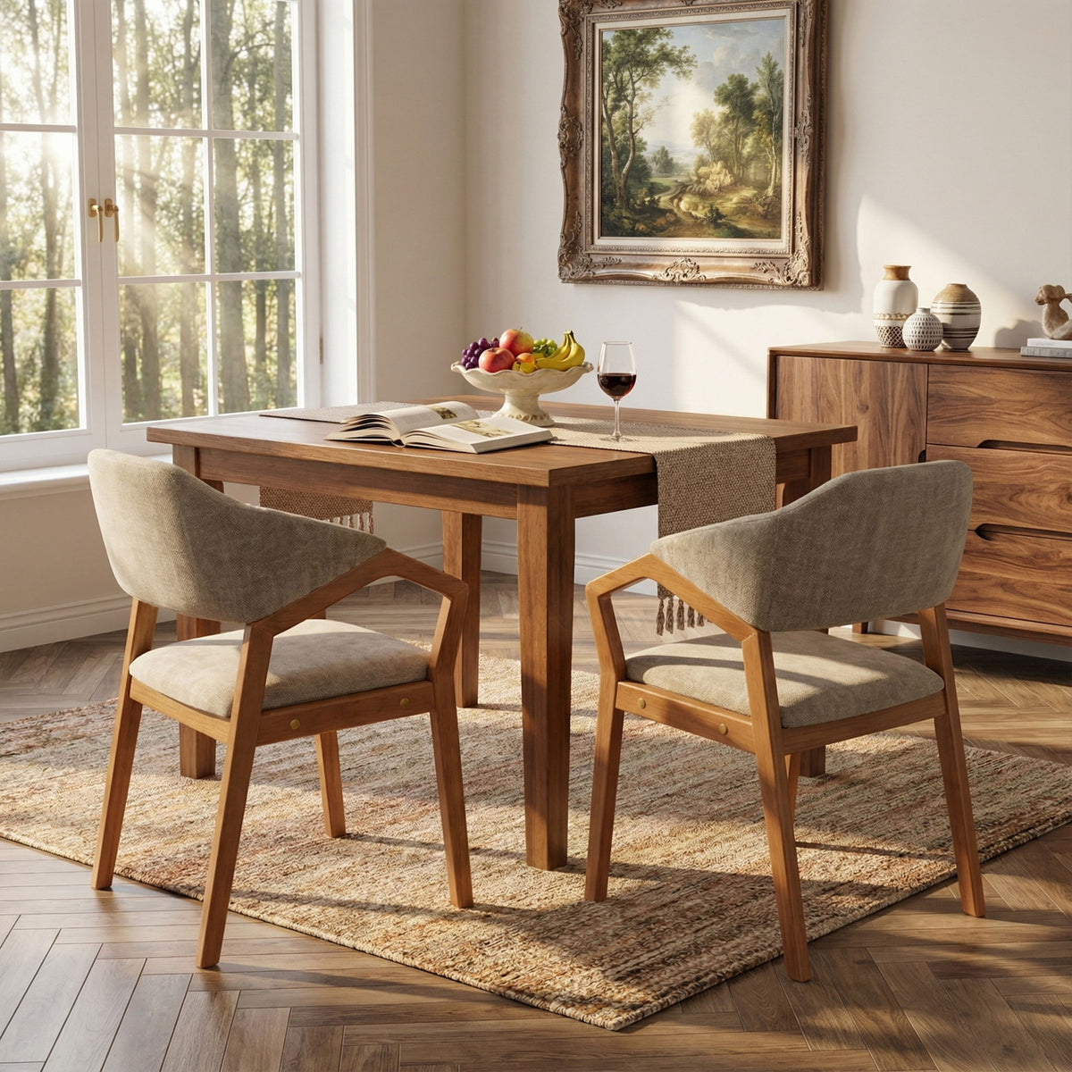 Indoor Upholstered Dining Chair (Set of 2) With Sturdy Frame And Ergonomic Curved Backrest - Oatmeal / Teak