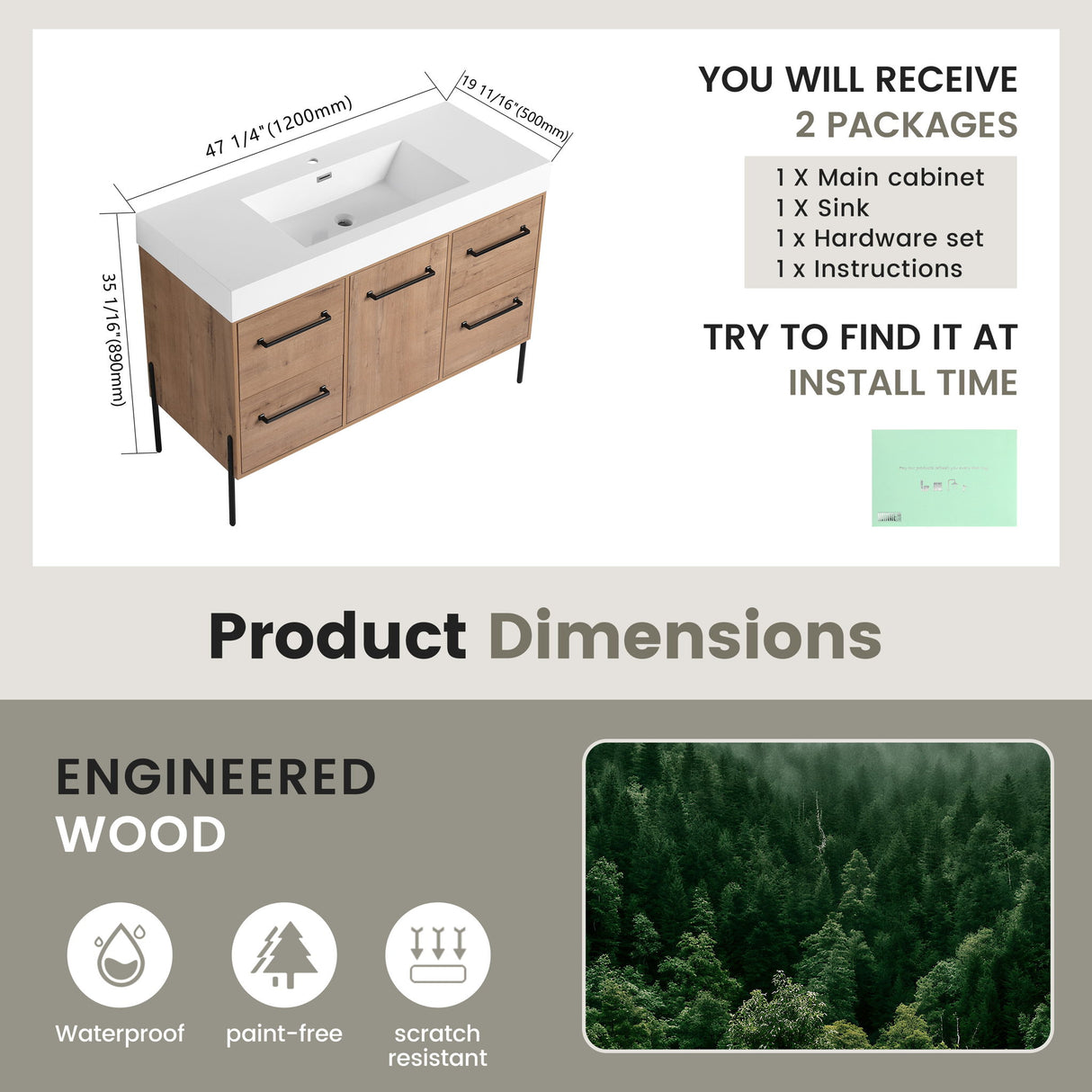 48" Freestanding Bathroom Vanity With Sink, Soft Close Cabinet Doors, 4 Drawers - Imitative Oak