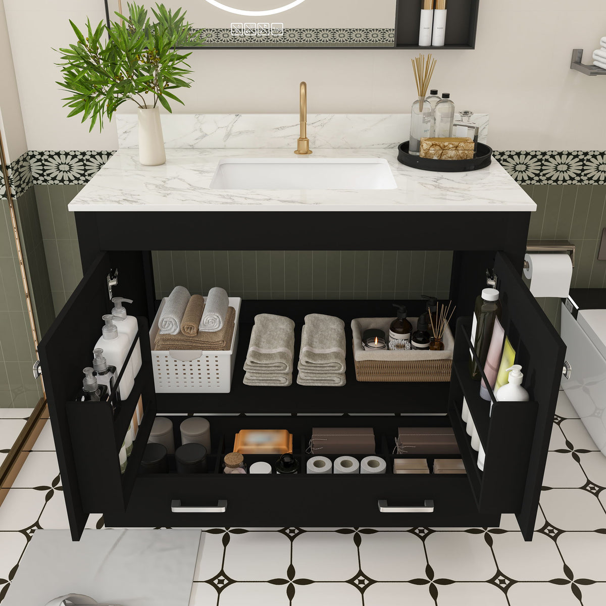 Bathroom Vanity Set, Cabinet With Doors & Drawers, Single Faucet Hole - Black
