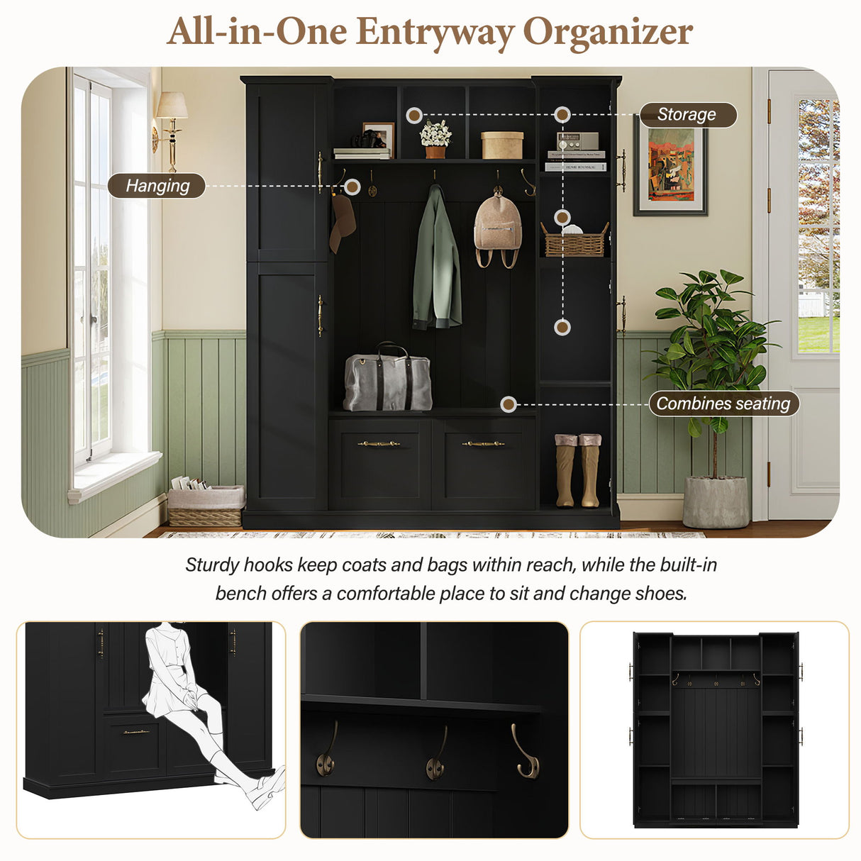 Hall Tree With 4 Side Cabinets
