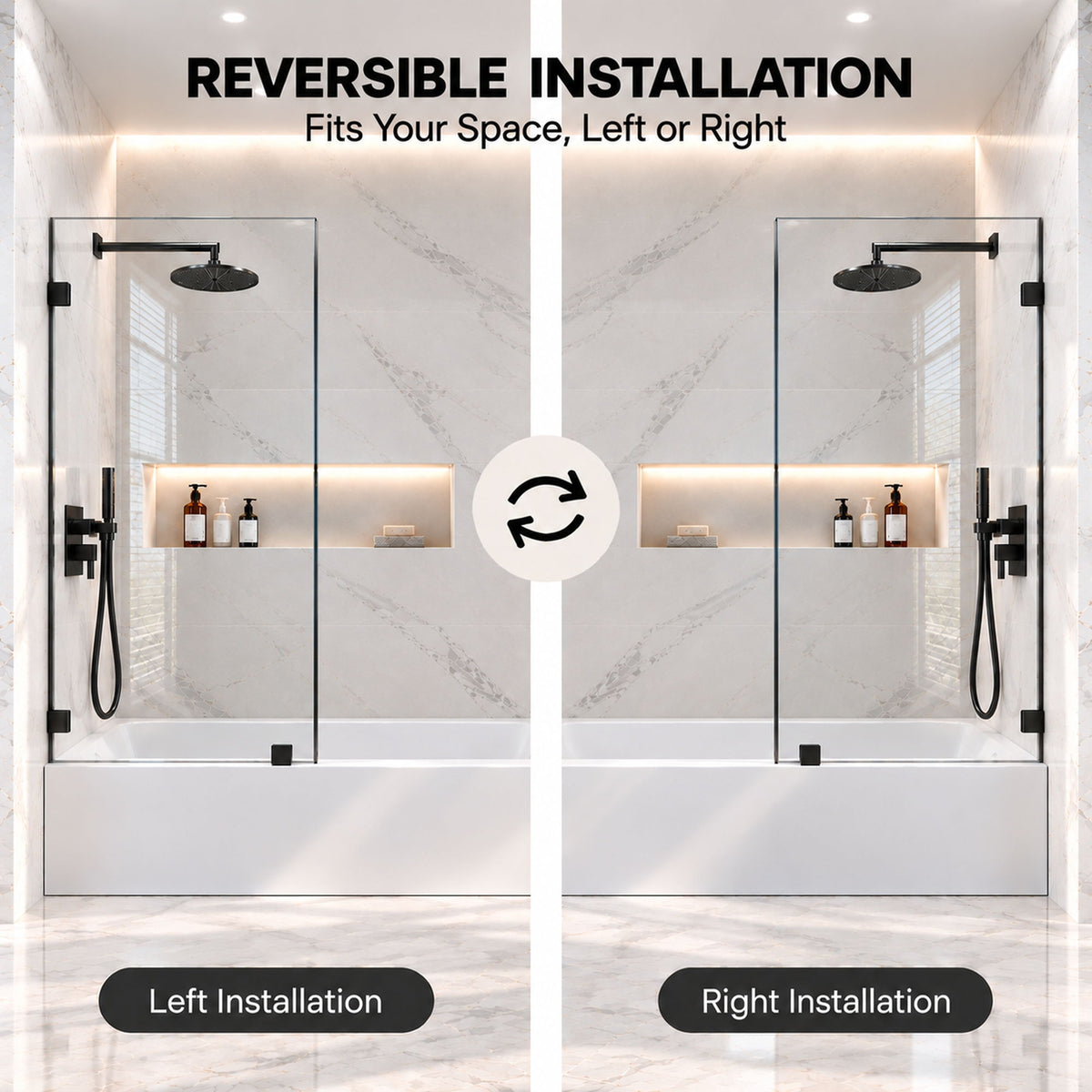Frameless Bathtub Shower Screen, Reversible Installation