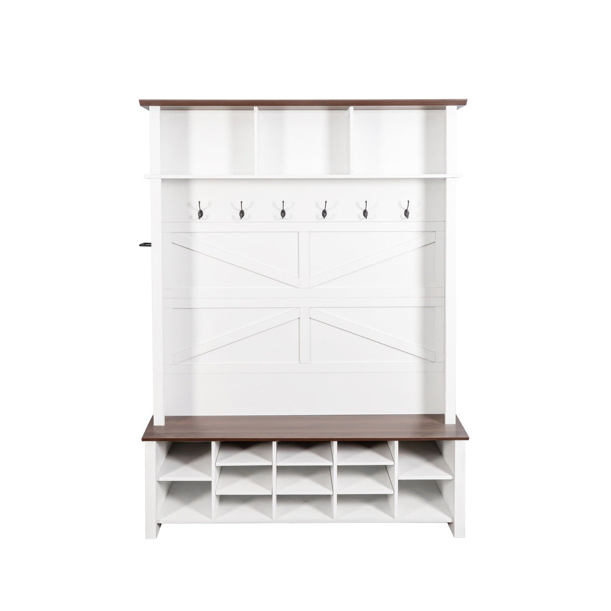 4 In 1 Hall Tree With 6 Hooks, Entryway Bench With Adjustable Shelves - White
