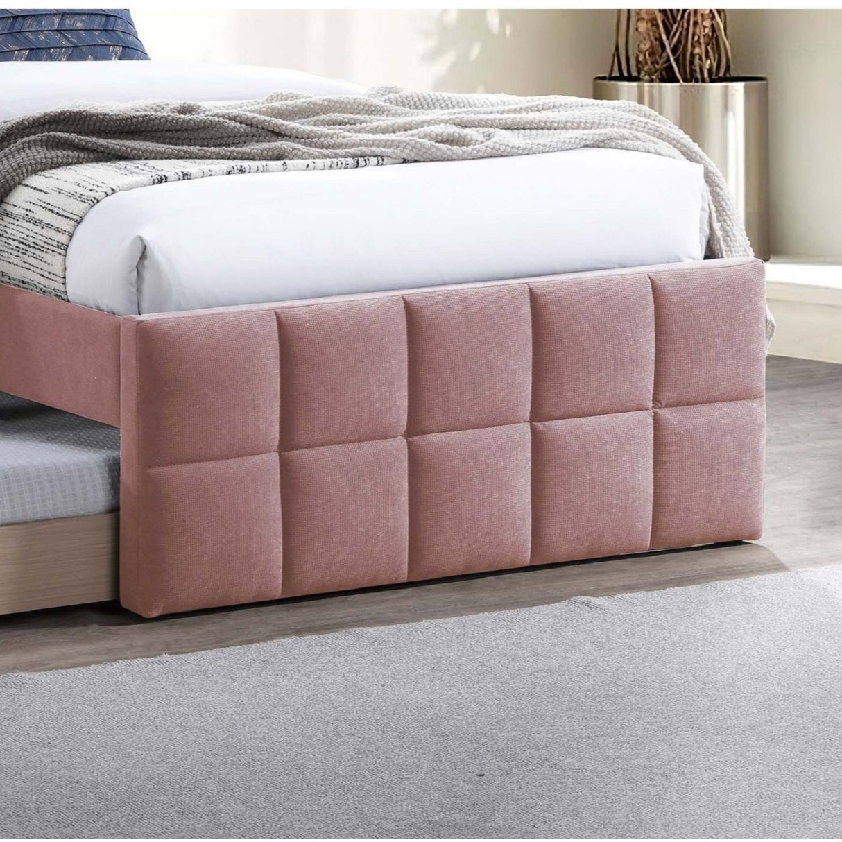 Contemporary Style Bed With Trundle Upholstered Headboard And Footboard Grid Pattern