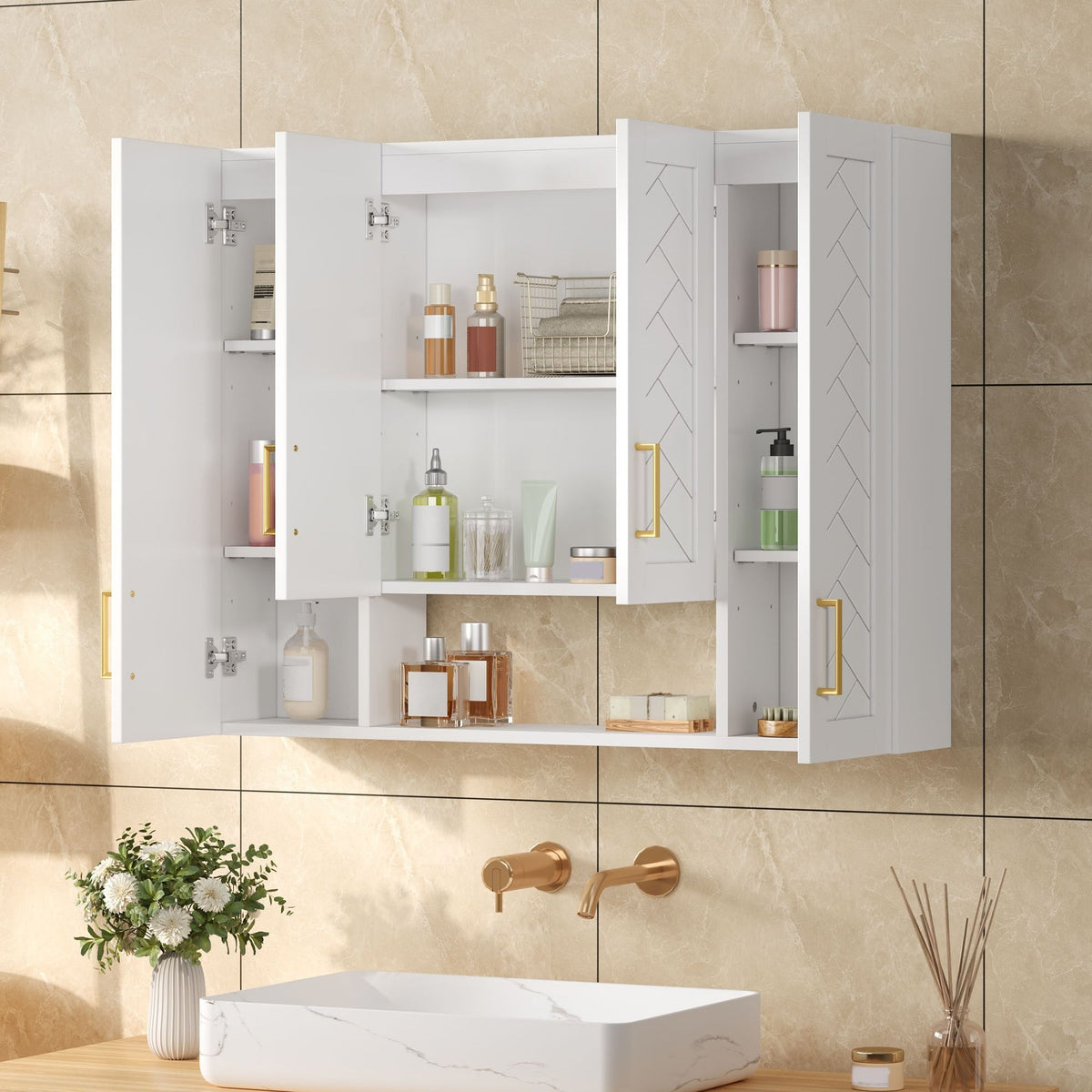 Wall Mounted Medicine Cabinet With 5 Adjustable Shelves, Exquisite Carving - White