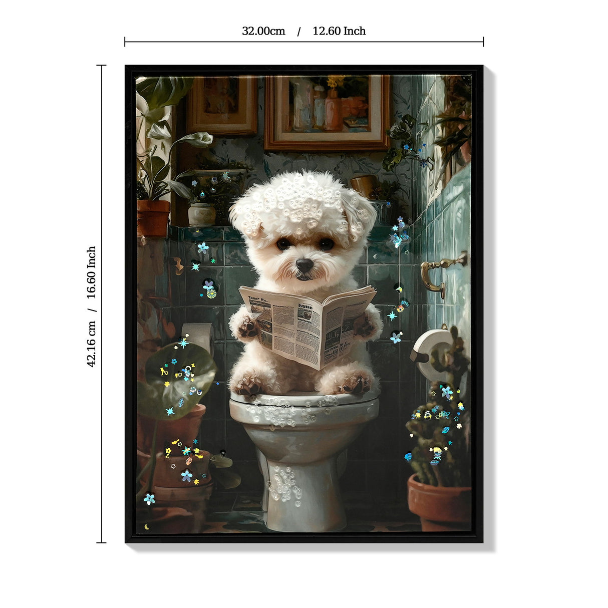 Framed Bathroom Decor, Cute Puppy Wall Art In Picture Frame, 3D Canvas Print - Indigo / White