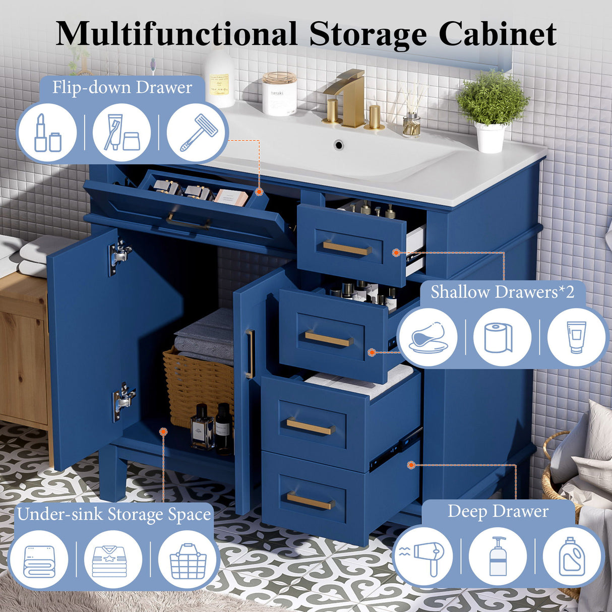 Modern Bathroom Vanity With Ceramic Sink, Soft Close Storage Cabinet