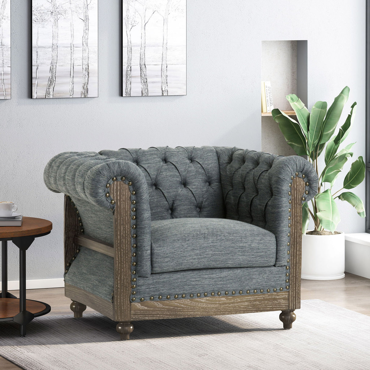 Fabric Upholstered Club Chair With Scrolled Tuxedo Arms - Charcoal