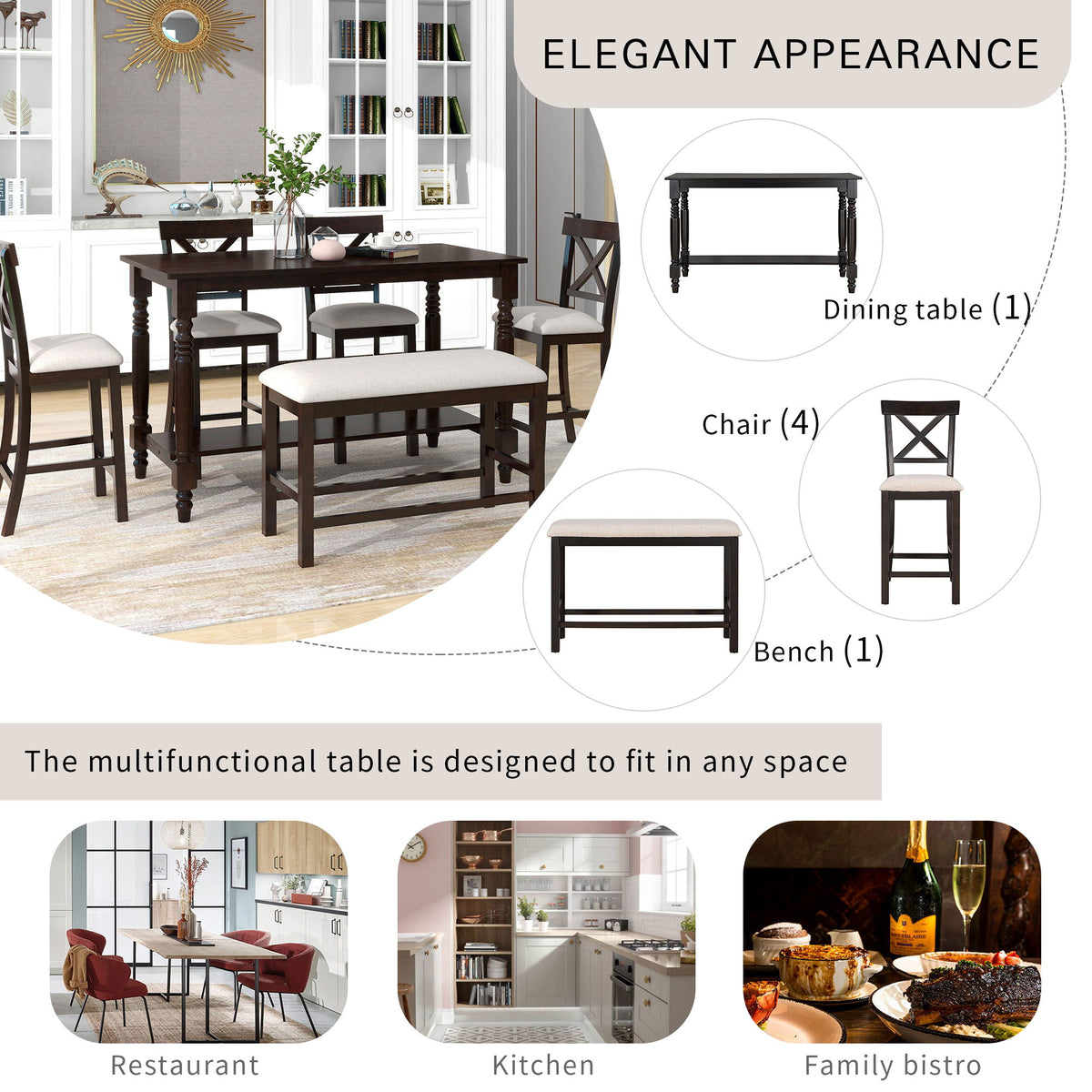 Counter Height Dining Set With Shelf, 4 Chairs And Bench
