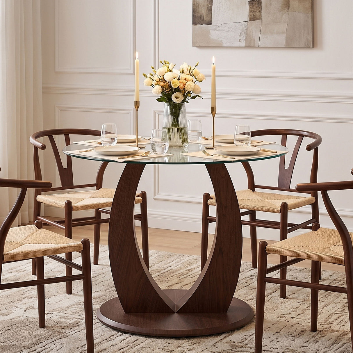 2 In 1 Round Glass Dining Table With Adjustable Curved Base, - Transparent / Walnut